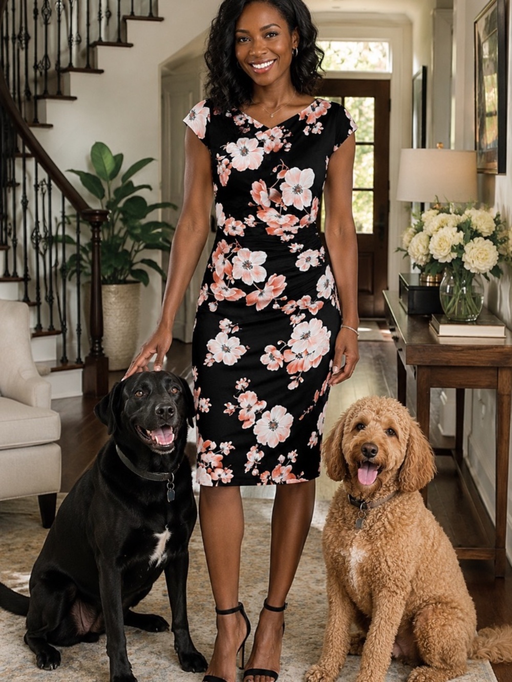 Connected Apparel Black Floral Bodycon Dress Size 4